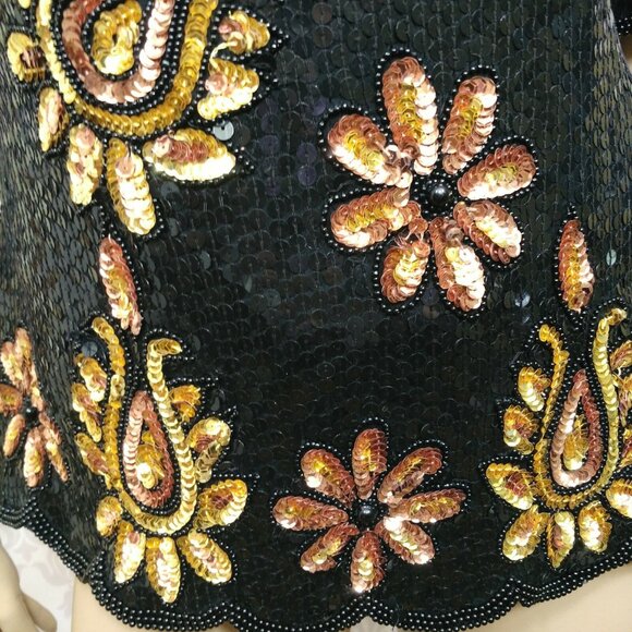 Vintage 80s Stenay Sequin Silk Top Blouse Size S M Black Gold Bronze Cocktail - Picture 4 of 12